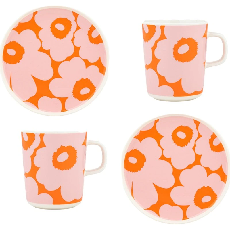 Marimekko Unikko morgenmadssæt 4 dele, hvid/pink/orange