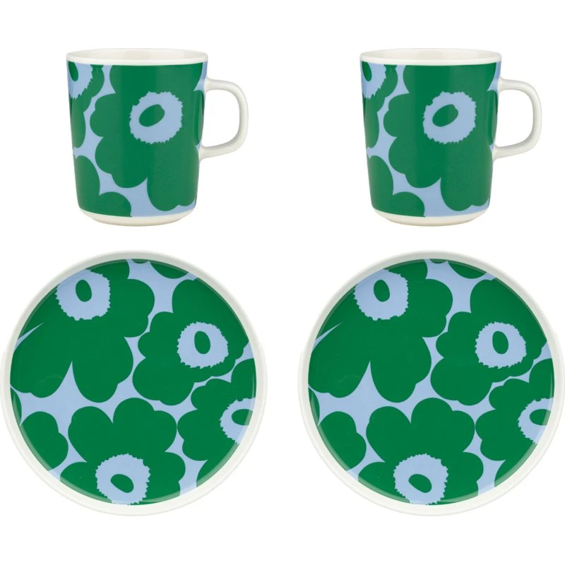 Marimekko Unikko morgenmadssæt, 4 dele, hvid/grøn/lyseblå