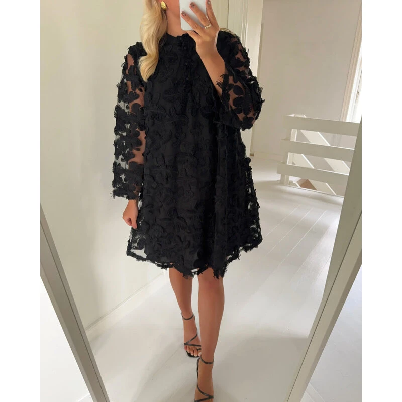 YASKARLY Karly 7/8 kort kjole, sort, 3D-blomstret