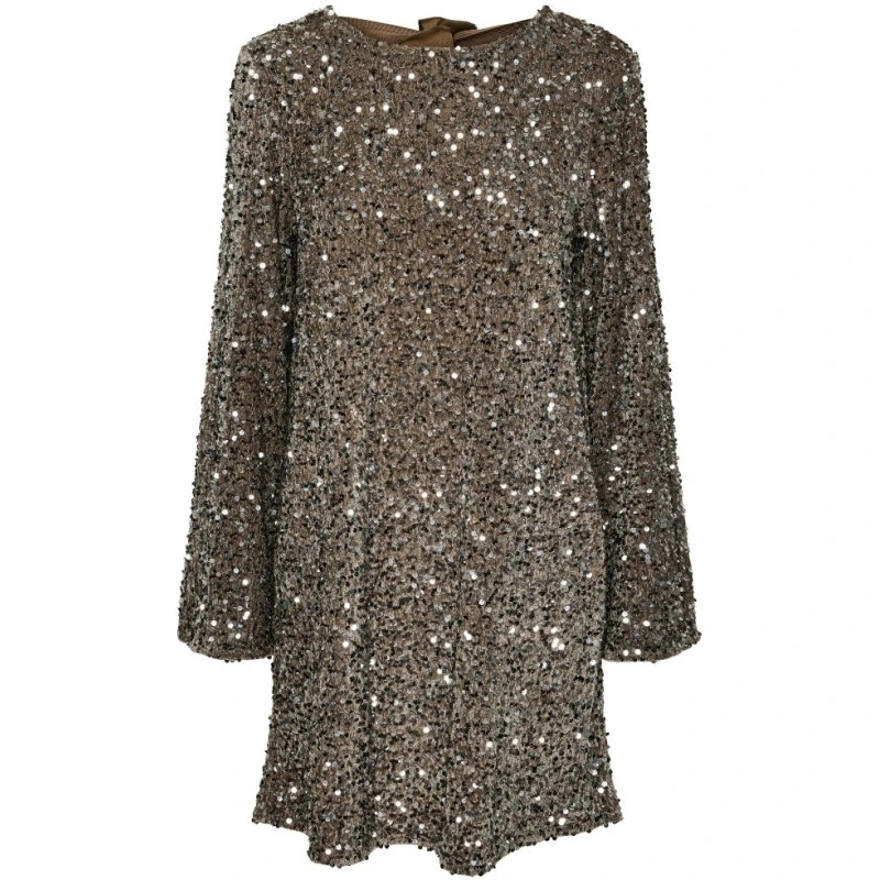 PIECES PCKAM kort kjole Morel – sølv palietter og sløjfe