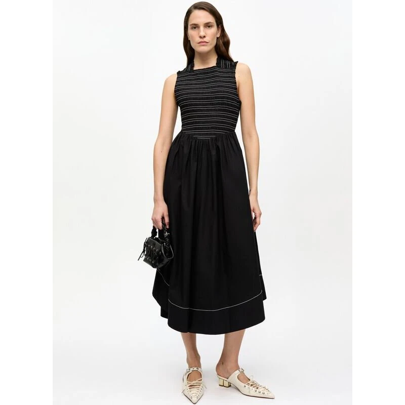 GANNI W0305 Washed Stretch Smock Midi-kjole, sort