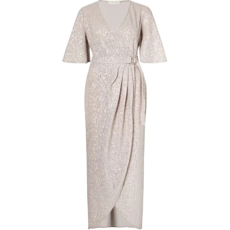 Ida Sjöstedt CARLY DRESS – sølv maxi wrap-kjole med flæseærme