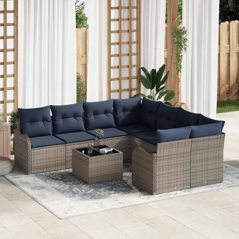 vidaXL Havesofa Sæt 9 dele, 8 siddepladser, Grå Polyrattan