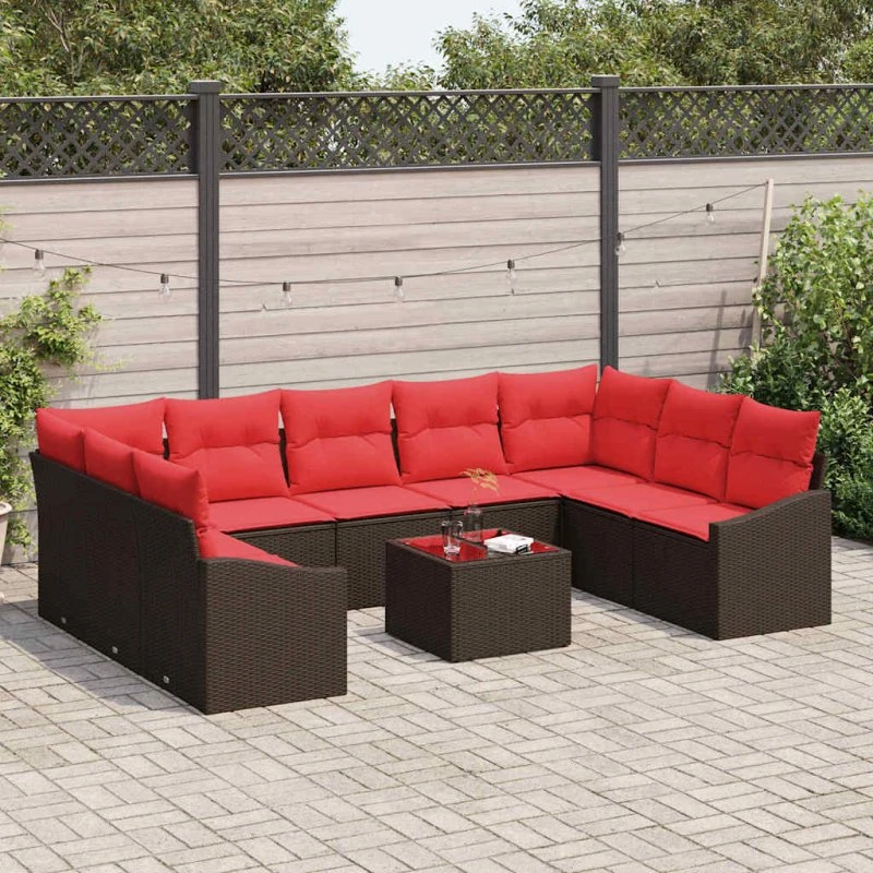 vidaXL Sofa Sæt 10 stk. Brun Polyrattan med Røde Puder