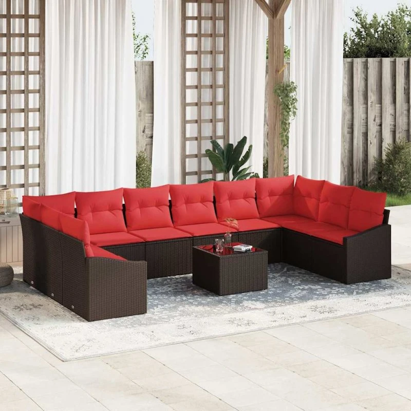 vidaXL Sofa Sæt 11 stk. Brun Polyrattan med Røde Puder