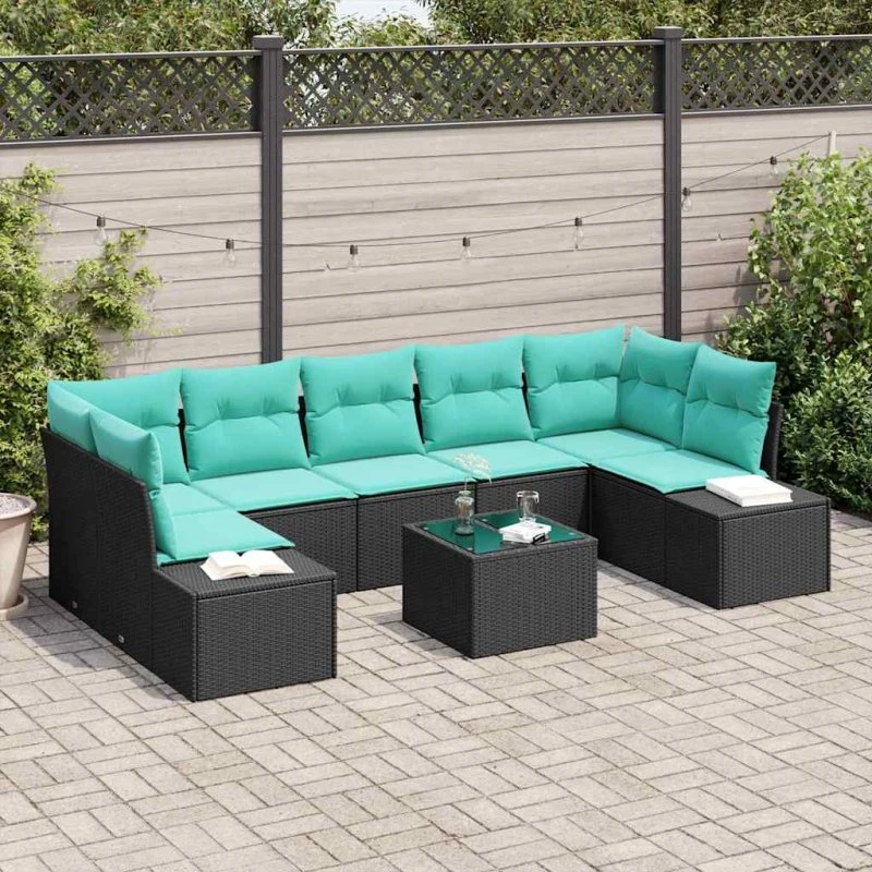 vidaXL Havesofa Sæt 8 stk. Sort Polyrattan med Turkise Puder