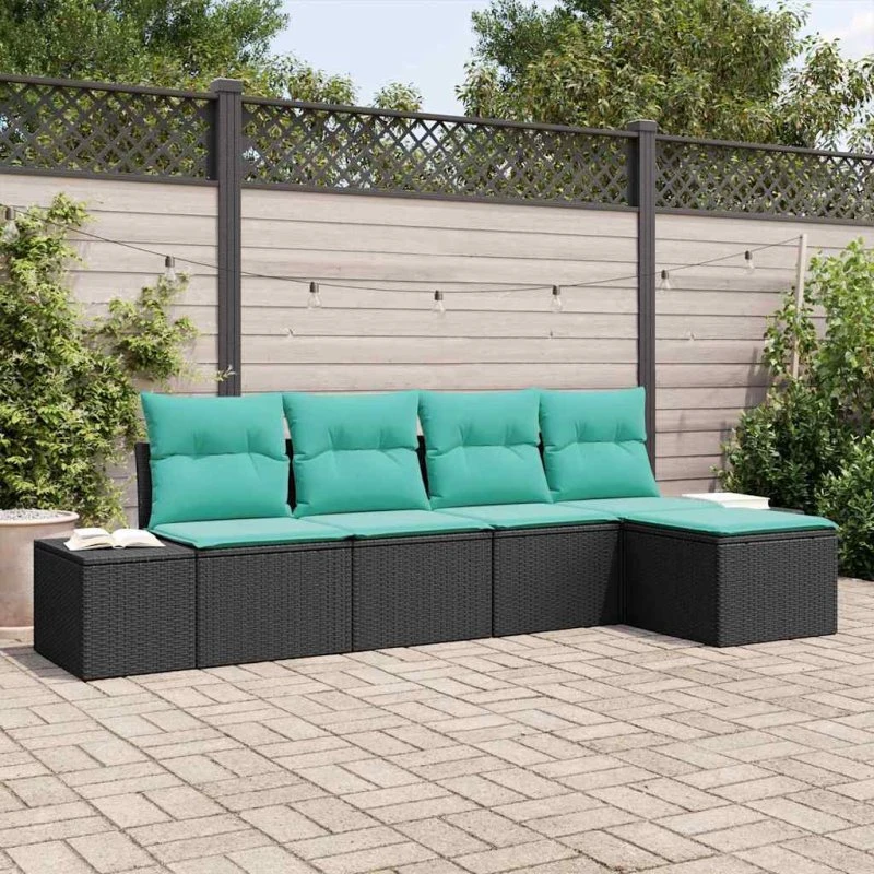 vidaXL Havesofa Sæt 5 stk. Sort Polyrattan med Turkise Puder