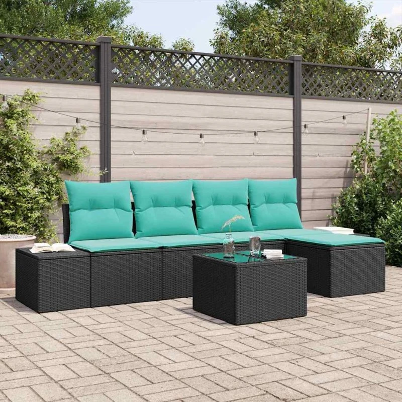 vidaXL Havesofa Sæt 6 stk. Sort Polyrattan med Turkise Puder