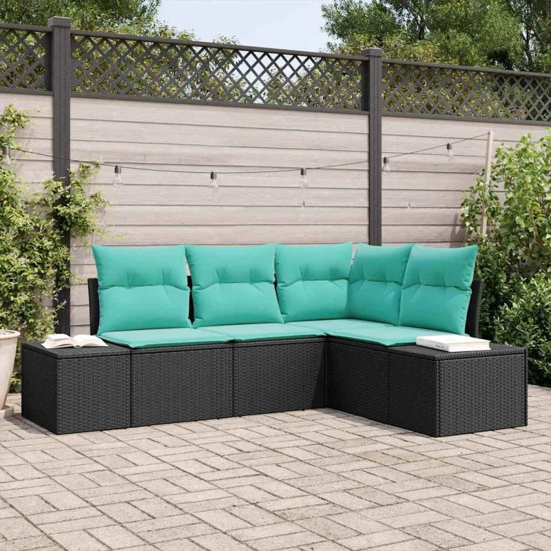 vidaXL Havesofa Sæt 4 stk. Sort Polyrattan med Turkise Puder