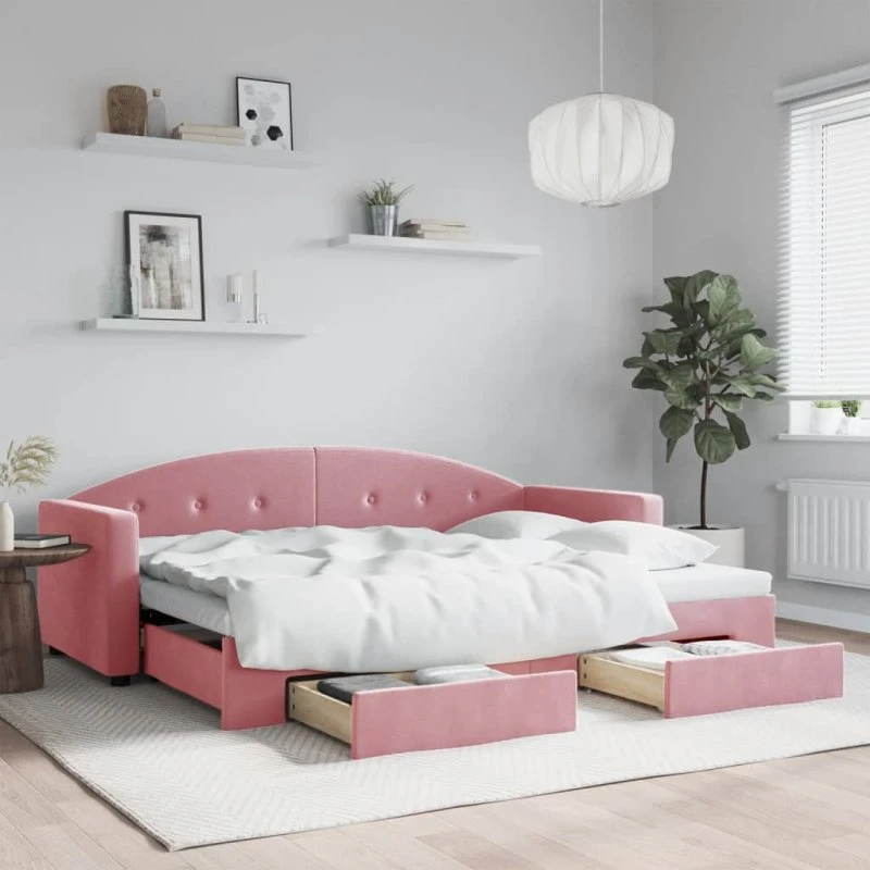 vidaXL daybed med udtræk og skuffer 80x200 cm, lyserød velour