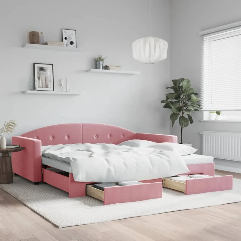 vidaXL Daybed med udtræk og skuffer 100x200 cm i lyserød velour