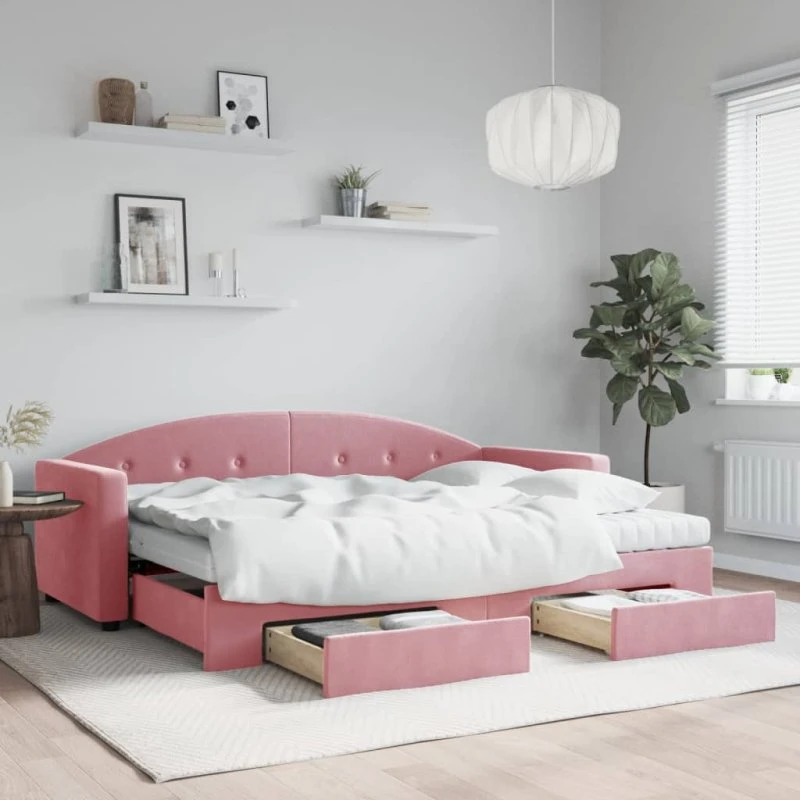 vidaXL daybed med udtræk og skuffer, lyserød velour, 80x200 cm