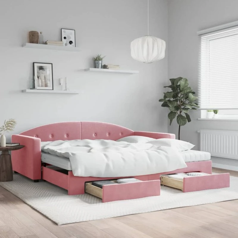 vidaXL Daybed med udtræk og skuffer i lyserød velour 100x200 cm