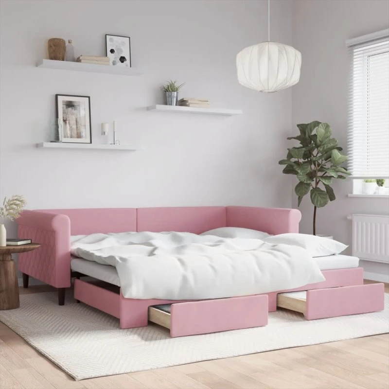 vidaXL daybed med udtræk og skuffer 100x200 cm, lyserød velour