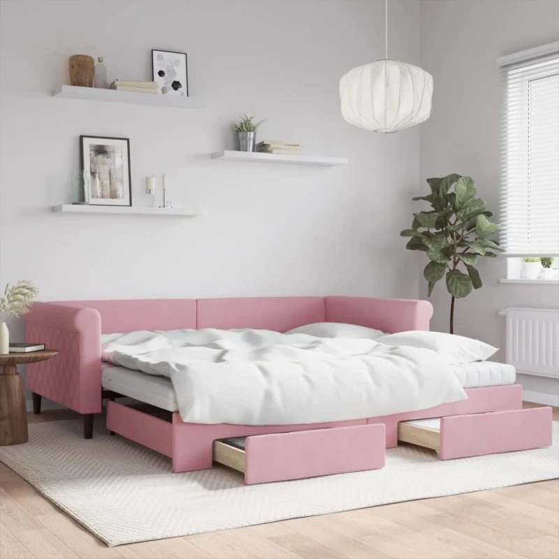 vidaXL Daybed med udtræk og skuffer 100x200 cm, lyserød velour