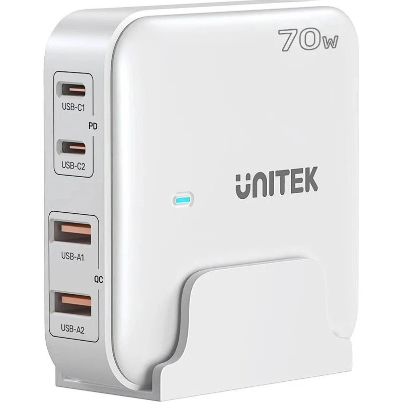 Unitek P1228A GaN vægoplader 70W - 2x USB-C + 2x USB-A (Hvid)