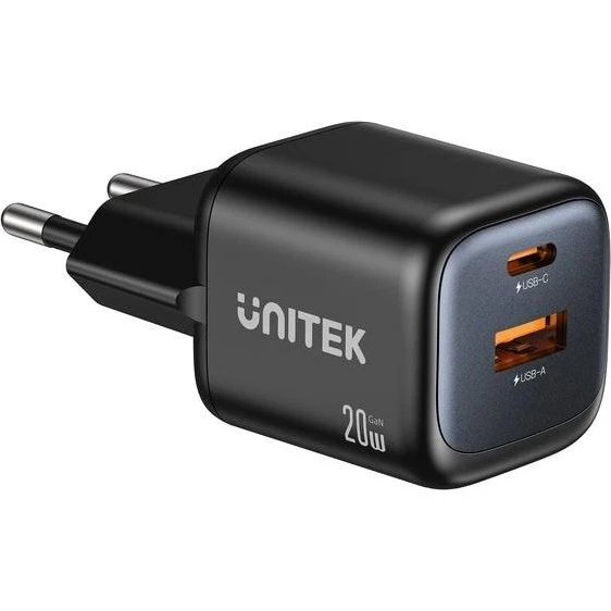 Unitek GaN vægoplader 20W - 2 porte (USB-C & USB-A), sort