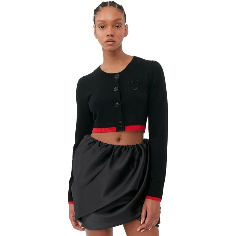 Ganni Cropped O-Neck Cardigan (kort, med hjerteapplikation)