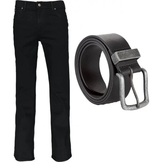 Wrangler Texas Stretch Jeans Sort med Læderbælte 34/32