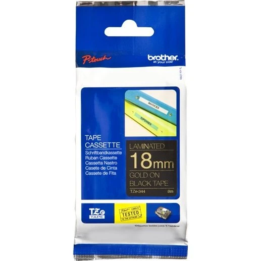 Brother TZE344 TZ-tape 18 mm - Sort tape med guldbogstaver