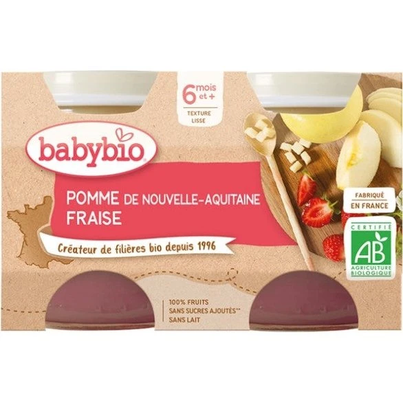 Babybio Økologisk Æble & Jordbær Frugtmos - 2x130g (6m+)