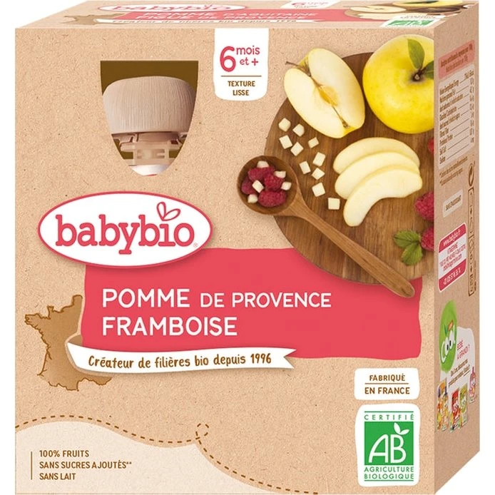 Babybio Økologisk Frugtpuré - Æble & Hindbær - 4x90 g