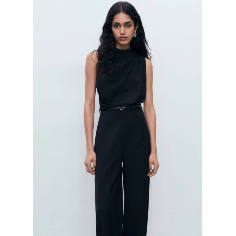 Mango Lang jumpsuit med draperet hals, sort