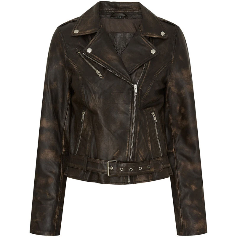 Notyz Bikerjakke i lammeskind med bælte - Walnut