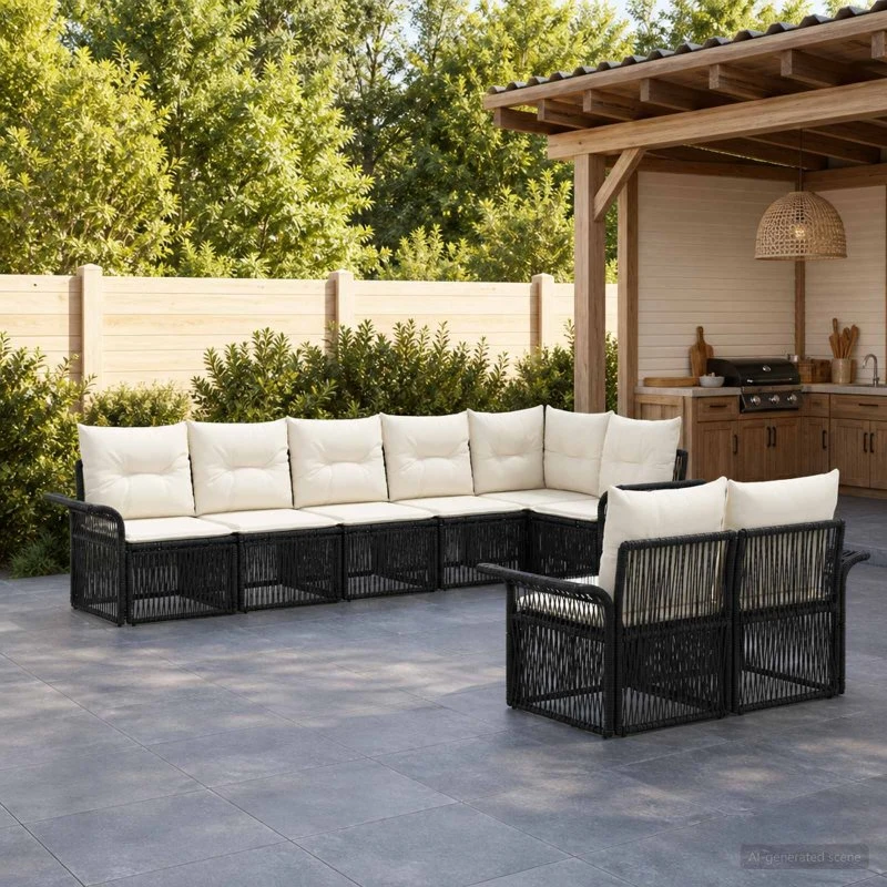 vidaXL Havesofa Sæt 8 stk. Sort Polyrattan med Cremehvide Puder