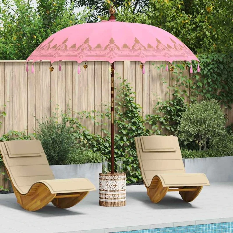 vidaXL Balinesisk parasol med base, Lyserød, 215 x 215 x 260 cm