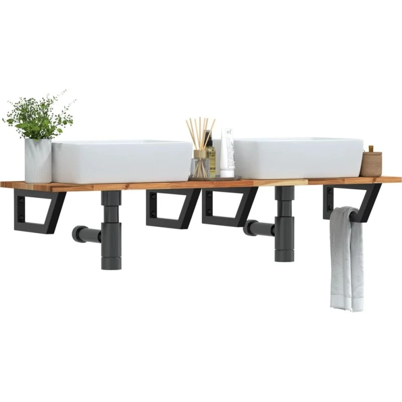 vidaXL væghængt badeværelseshylde i stål og massivt akacietræ, 120x40 cm