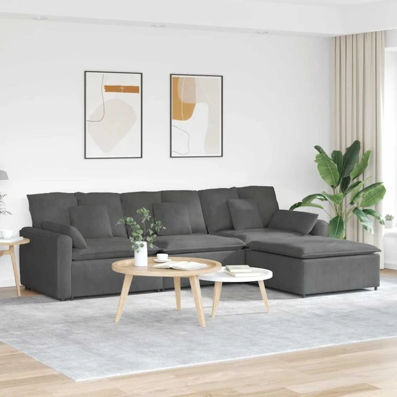 vidaXL modulsofa med fodskammel og hynder, mørkegrå fløjl