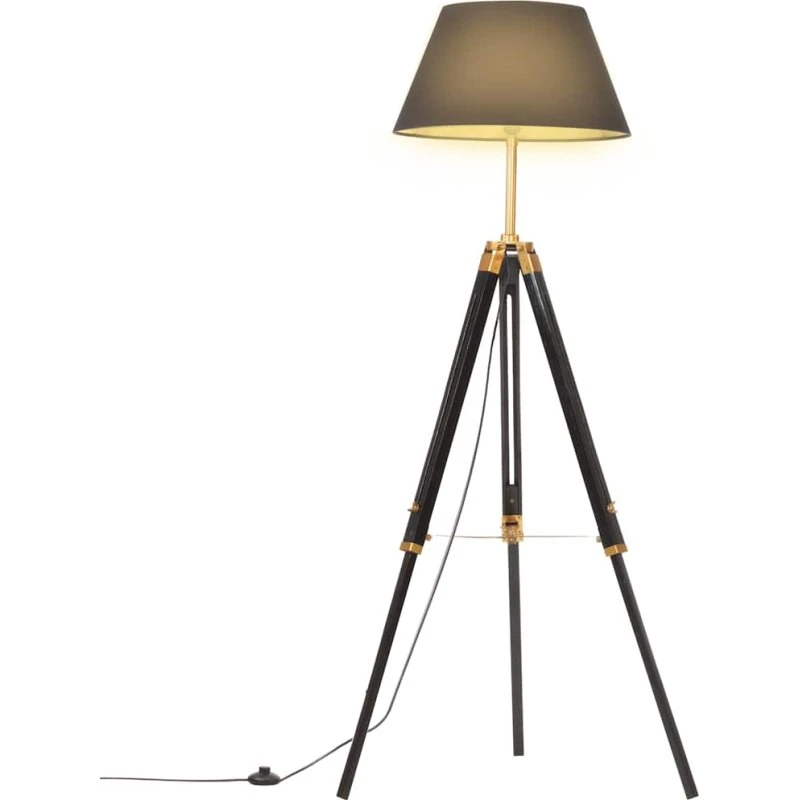 vidaXL gulvlampe med trefod i massivt teaktræ, sort/guld, 141 cm