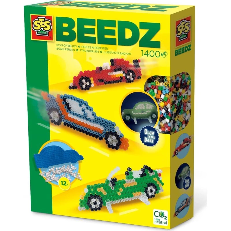 SES Creative Strygeperler med Perleplade - Biler (Selvlysende)