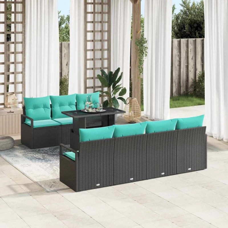 vidaXL Havesofa Sæt 8 stk. Polyrattan Sort og Blå