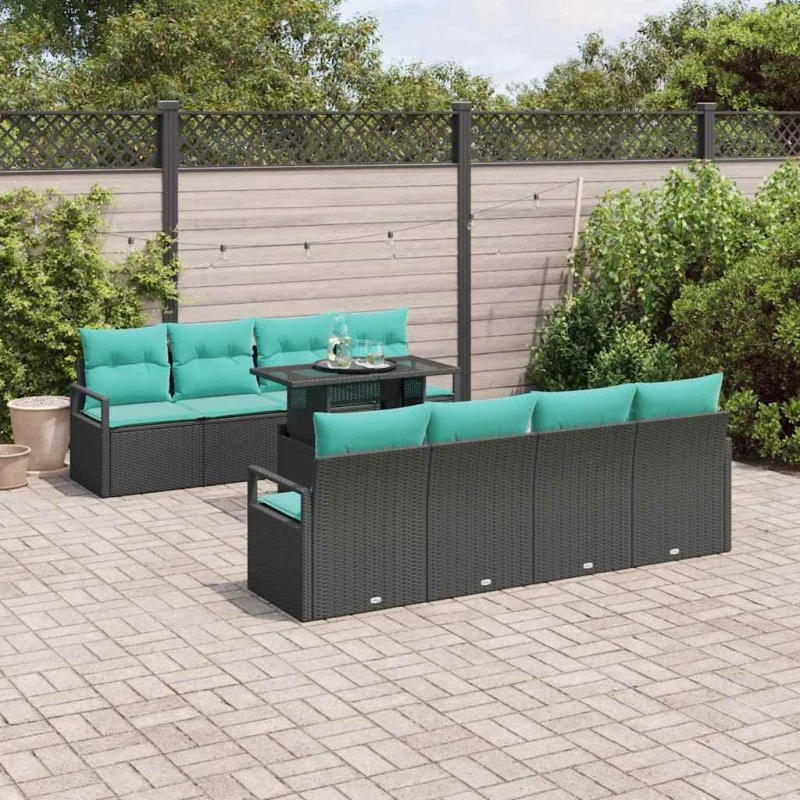 vidaXL Havesofa Sæt 9 stk. Sort og Blå Polyrattan