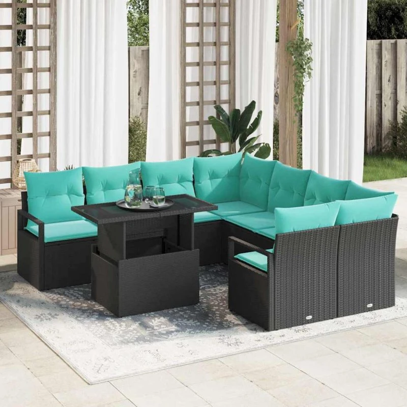 vidaXL Havesofa Sæt 9 stk. Polyrattan Sort/Blå