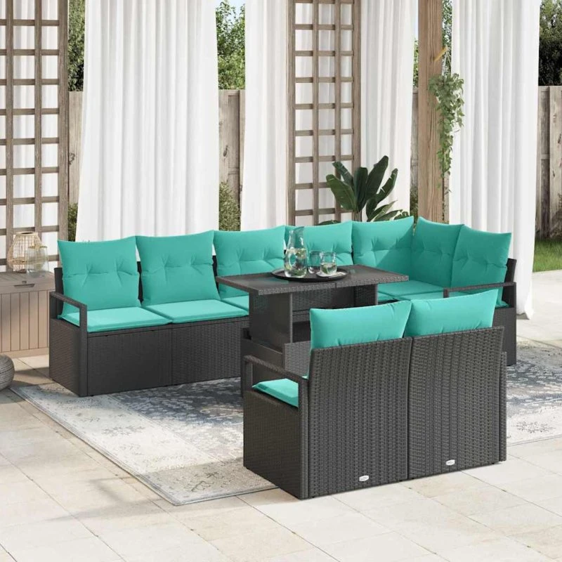 vidaXL Havesofa Sæt 9 stk. Sort & Blå Polyrattan