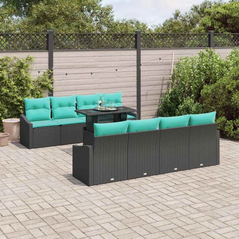 vidaXL Havesofa Sæt 7 stk. Sort og Blå Polyrattan