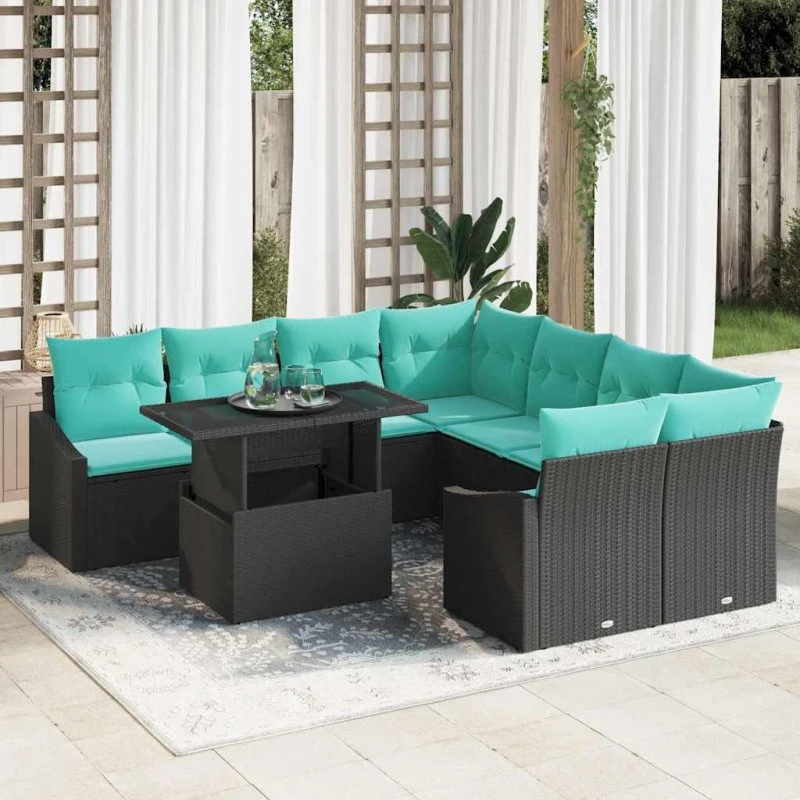 vidaXL Havesofa Sæt 9 stk. Sort og Blå Polyrattan