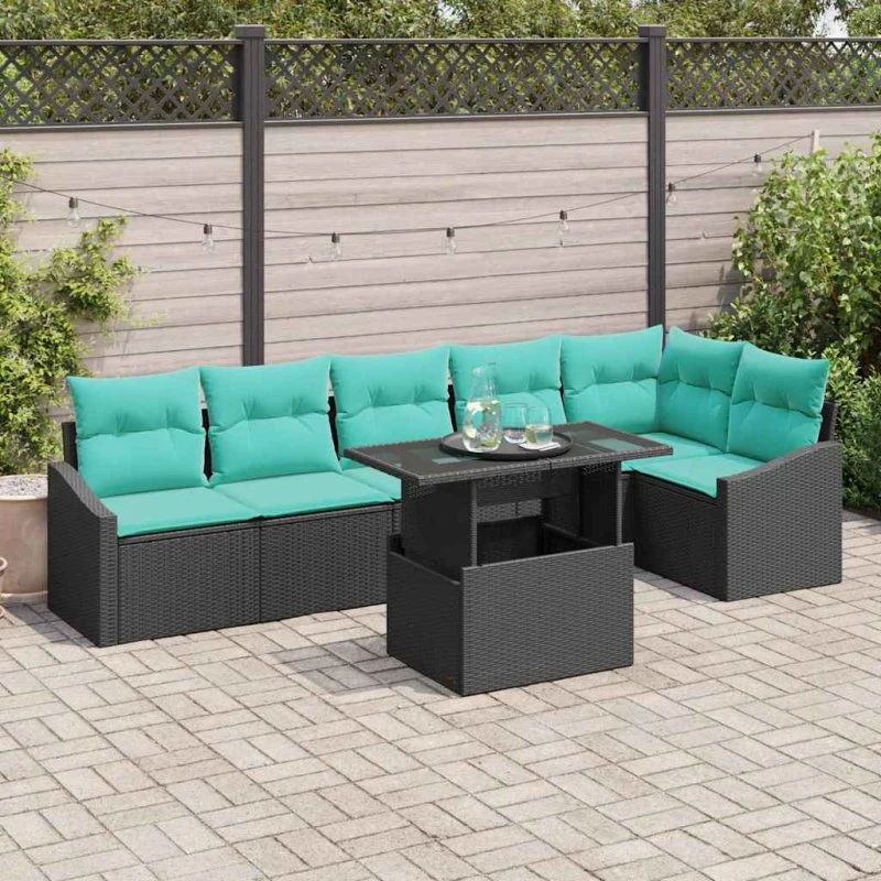 vidaXL Havesofa Sæt 7 stk. Sort og Blå Polyrattan