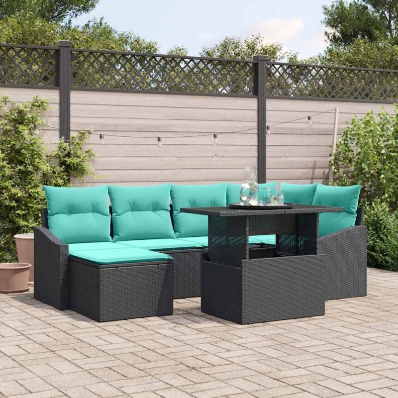 vidaXL Sofa Sæt 7 stk. Sort og Blå Polyrattan