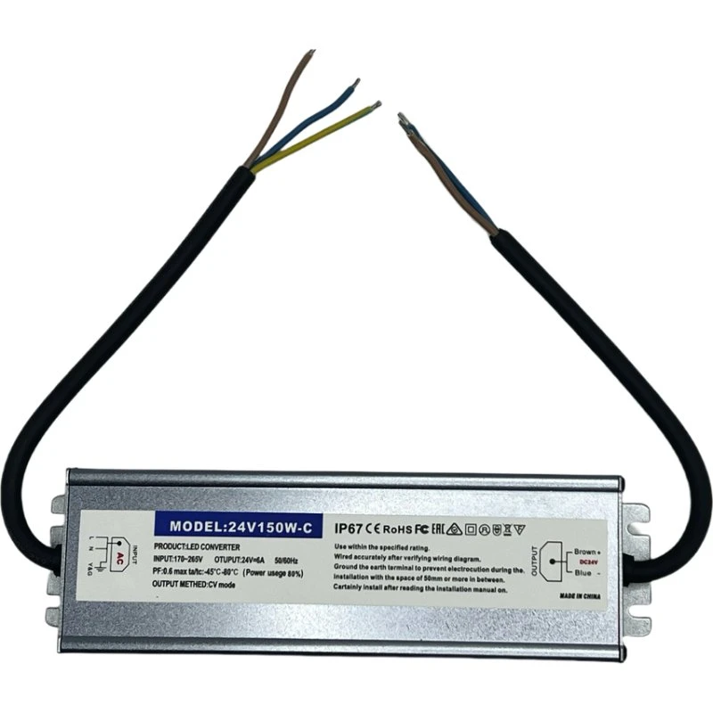 Vandtæt 150W 24V DC strømforsyning, IP67 til LED-belysning