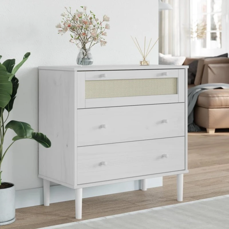 vidaXL SENJA kommode i massivt fyrretræ med rattanlook, hvid 80x40x80 cm