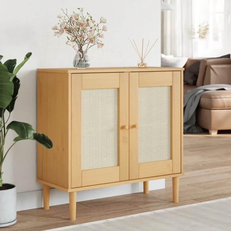 vidaXL SENJA skænk i massivt fyrretræ med rattan-look, brun