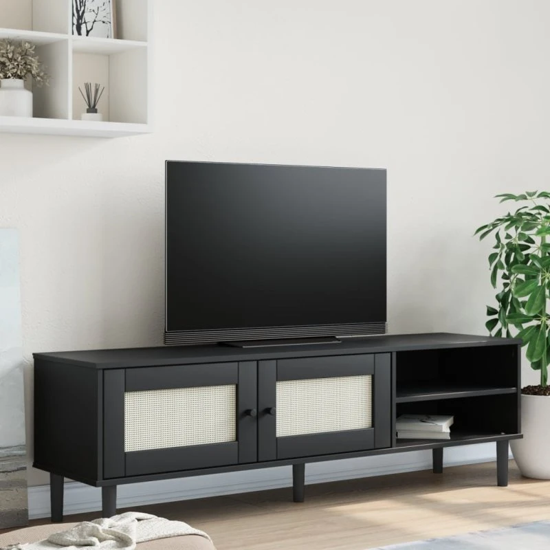 vidaXL SENJA TV-bord i massivt fyrretræ med rattan-look, sort
