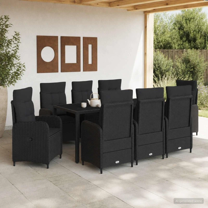 vidaXL Udendørs spisesæt 9 stk. i sort polyrattan