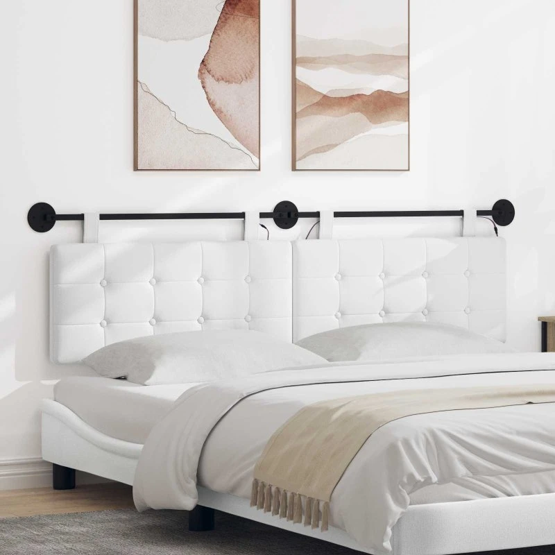 vidaXL Hængende sengegavl med LED-lys, hvid stof, 170 × 55 cm