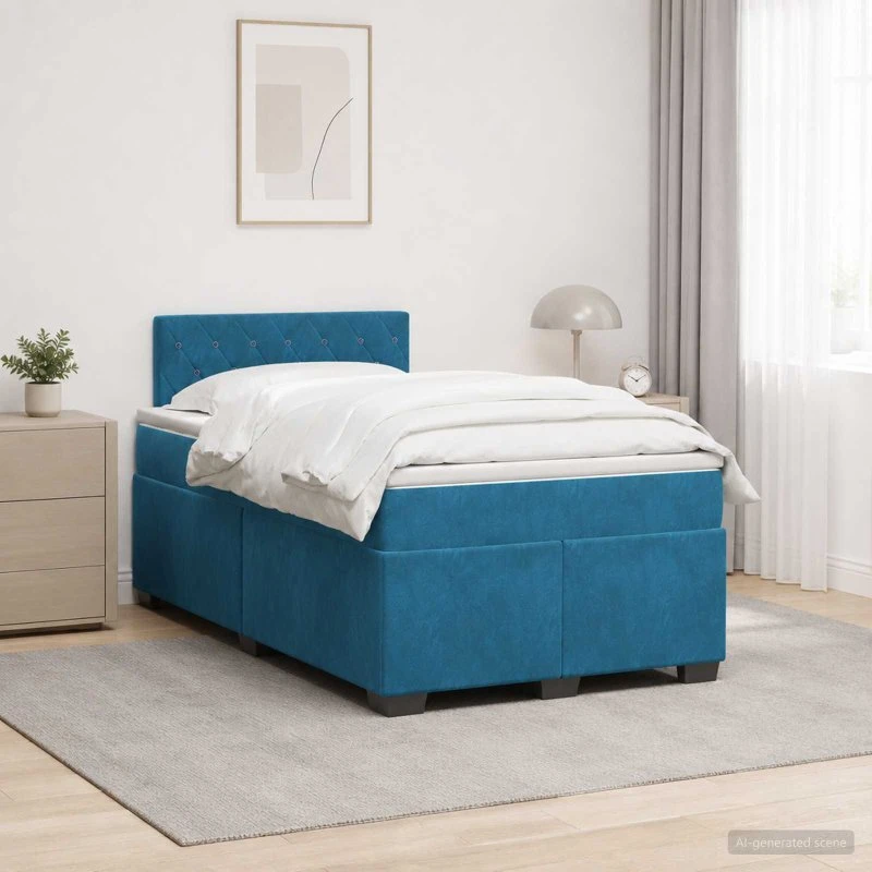 vidaXL Box Spring Seng med LED og Madras, Blå Velour, 120 x 200 cm
