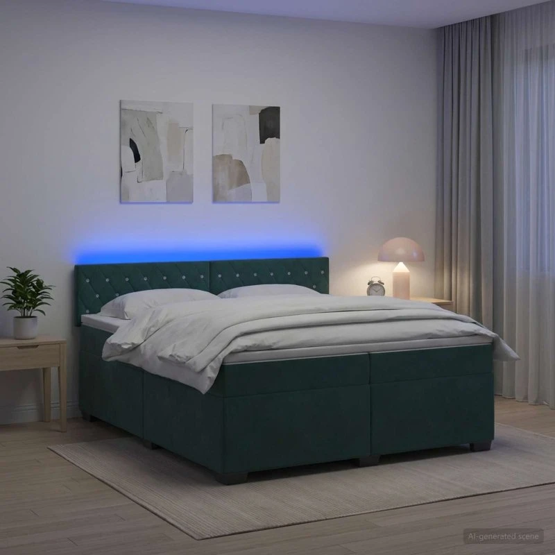 vidaXL Box Spring Seng med LED, Mørkegrøn Velour, 200 x 200 cm